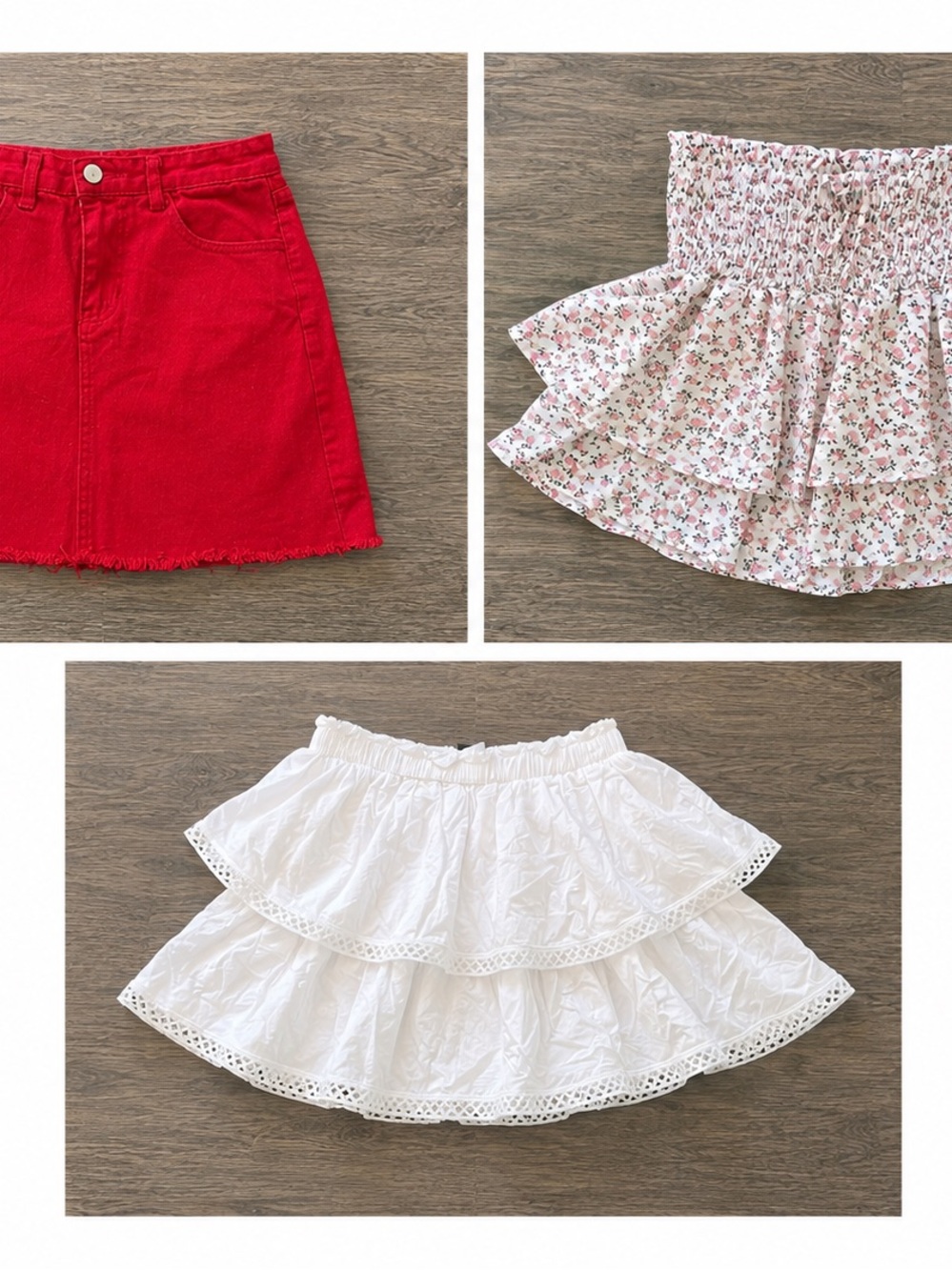 Summer Skirts Bundle Red Mini Skirt White Ruffle Skirt Floral Pink Skirt (3)